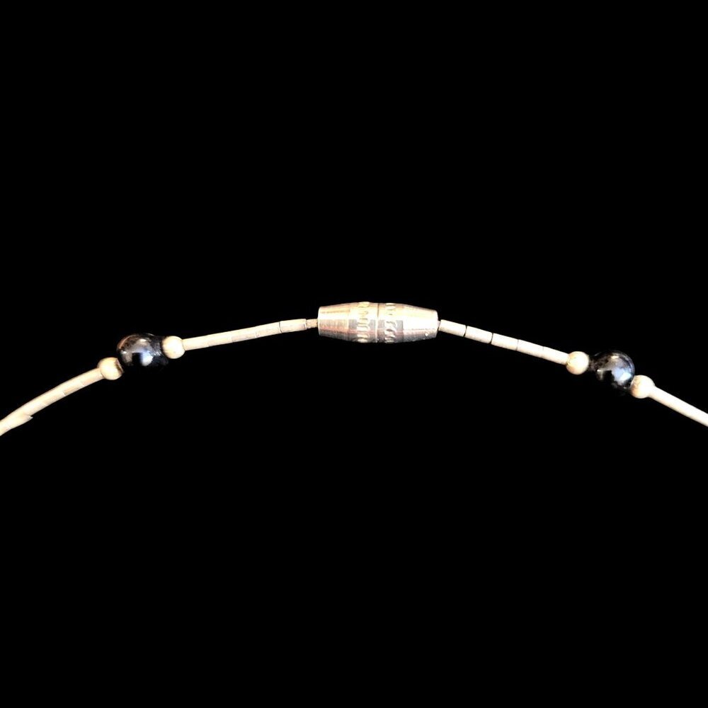 Vintage Black Onyx Round Stones Stainless Steel Tube Bead Necklace Barrel Clasp - Picture 2 of 6